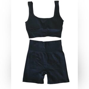 Black Ribbed Crop Top and Shorts Matching Workout Set